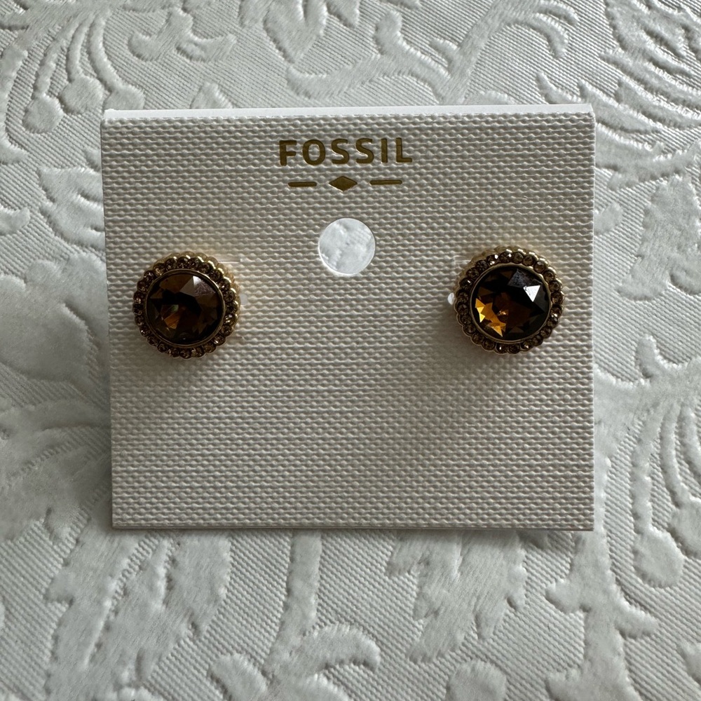 Fossil Halo quartz Gold-Tone Stud Earring